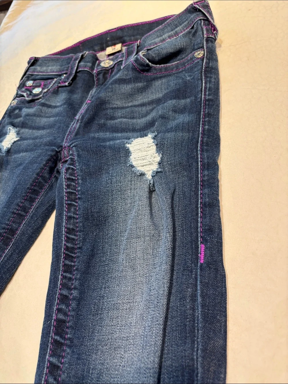 True Religion Skinny Jeans in Dark Blue with Purple Stitching - Picture 7 of 11